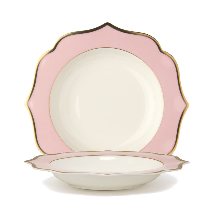 Pink deep plate with gold rims - New bone china Ø 22 cm